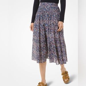 Michael Kors Ditsy Floral Cotton Lawn Tiered Broomstick Midi A-Line Skirt